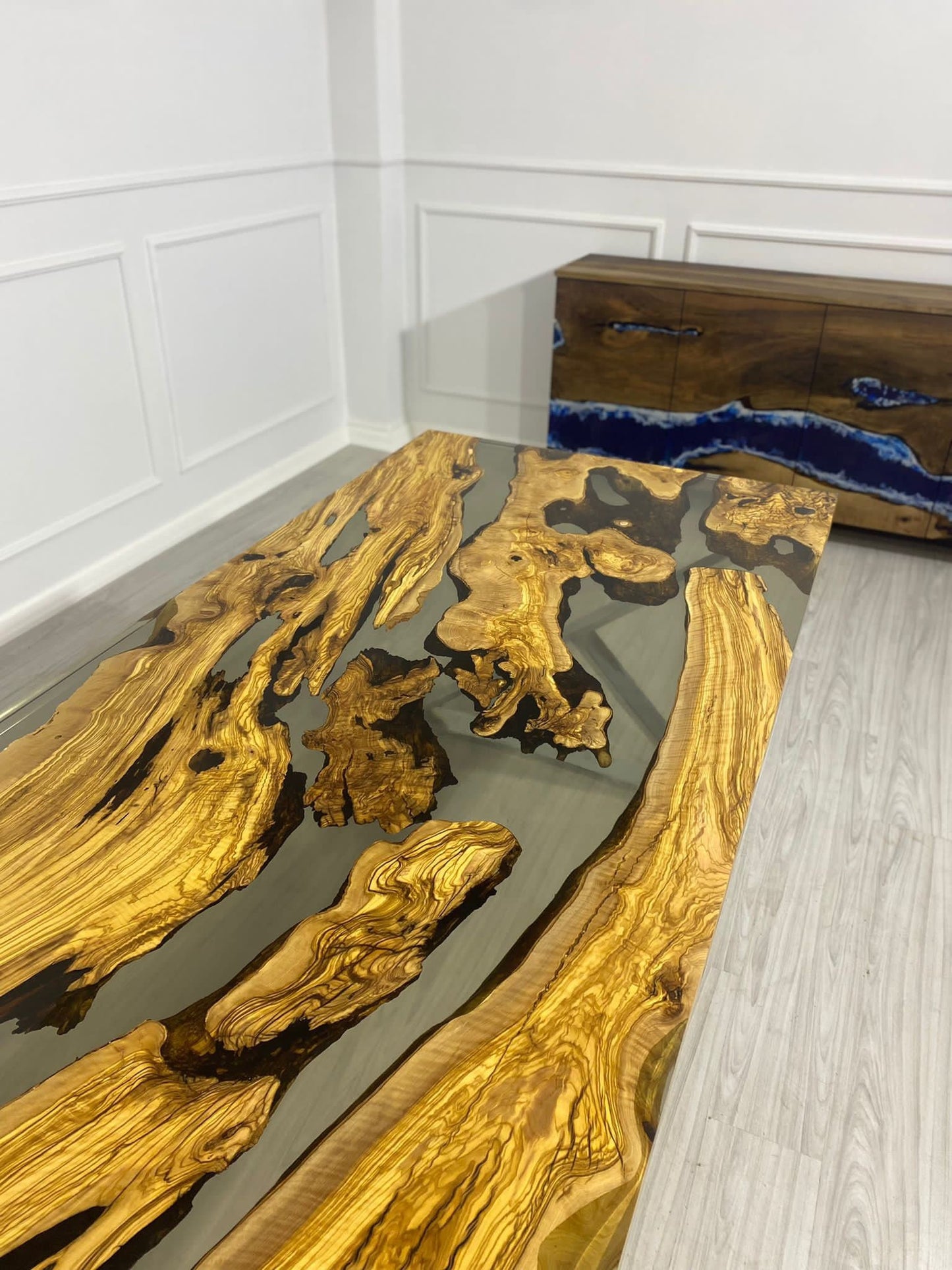 Olive Wood Epoxy Table, Olive Wood Table, Custom 96” x 40” Olive Smokey Gray Table, Epoxy Table, Custom Order for Selina