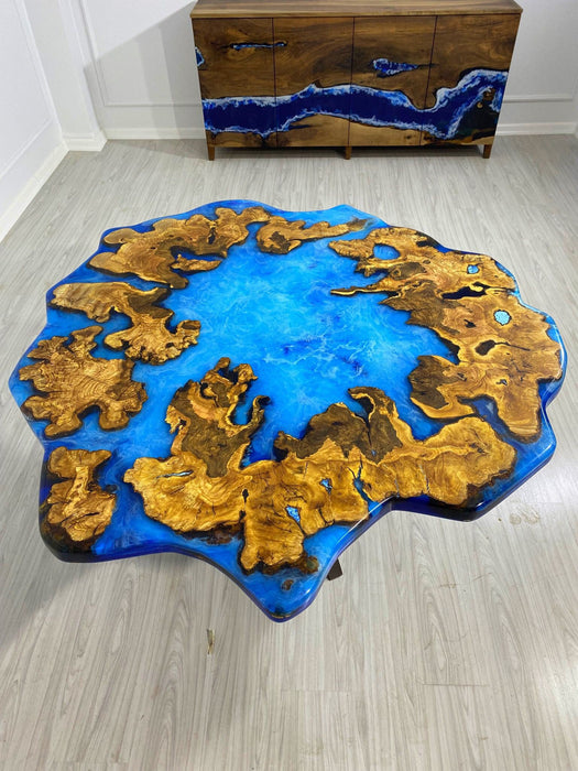 Round Dining Table, Handmade Round Table, Custom 56” Diameter Round Olive Wood Table, Blue Epoxy Table, Blue Resin Table, Order for Tyler