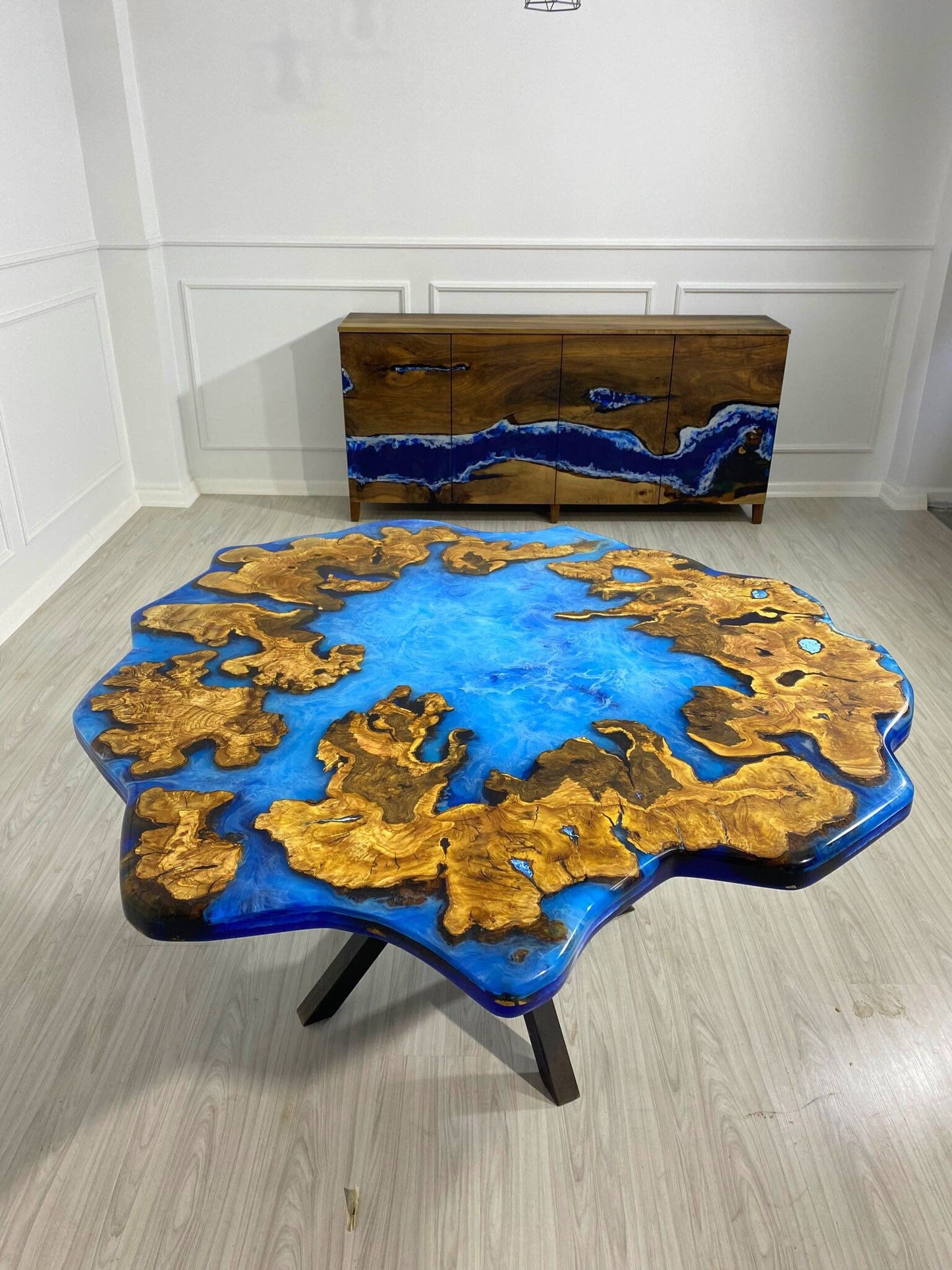 Round Dining Table, Handmade Round Table, Custom 56” Diameter Round Olive Wood Table, Blue Epoxy Table, Blue Resin Table, Order for Tyler