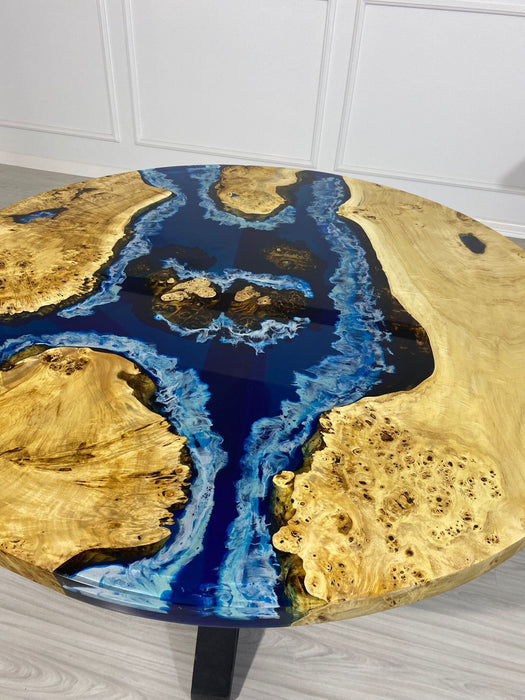 Ocean Table, Ocean Round Table, Custom 48" Round Poplar Ocean Deep Blue with Ocean Waves Table, Epoxy River Dining Table, Order for Marci