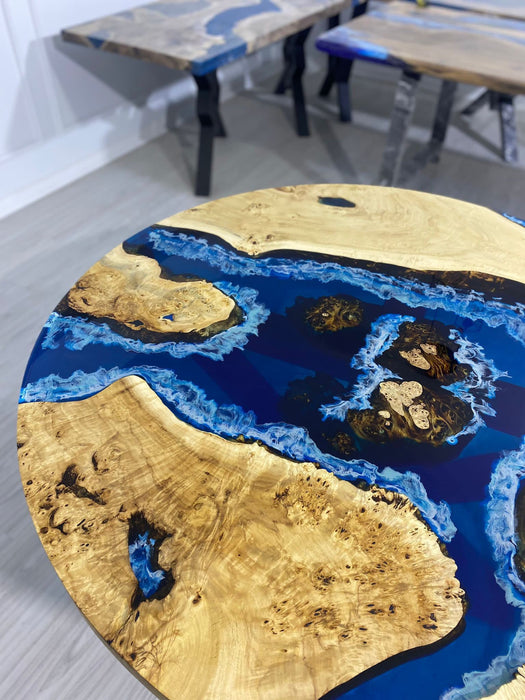 Ocean Table, Ocean Round Table, Custom 48" Round Poplar Ocean Deep Blue with Ocean Waves Table, Epoxy River Dining Table, Order for Marci