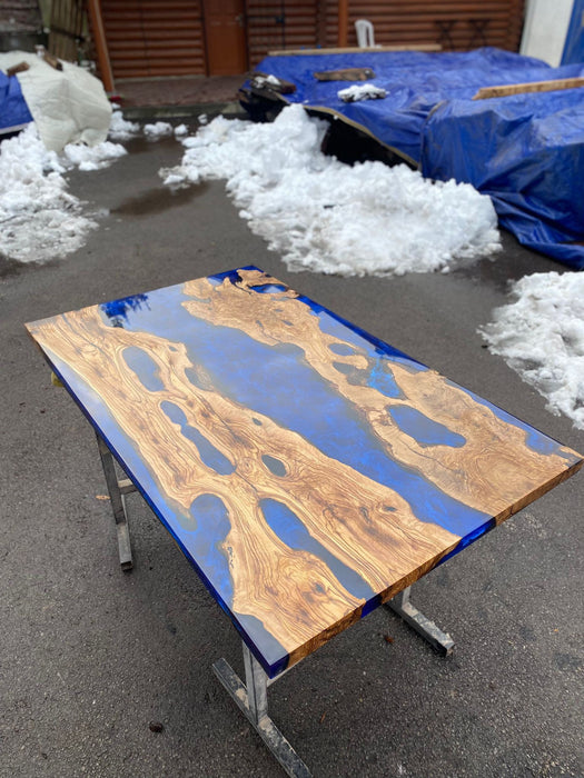 Handmade Epoxy Table, Custom 60” x 36” Olive Wood Blue, Turquoise Epoxy Table, Epoxy River Table, Live Edge Table, Custom Order for Selina A