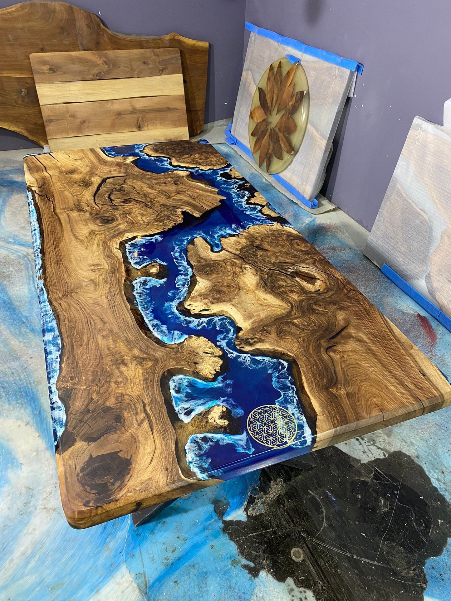 Handmade Epoxy Dining Table, Custom 86” x 42” Walnut Blue, Turquoise, Green Aquarium Epoxy Table, Epoxy Dining Table, Custom for Mari