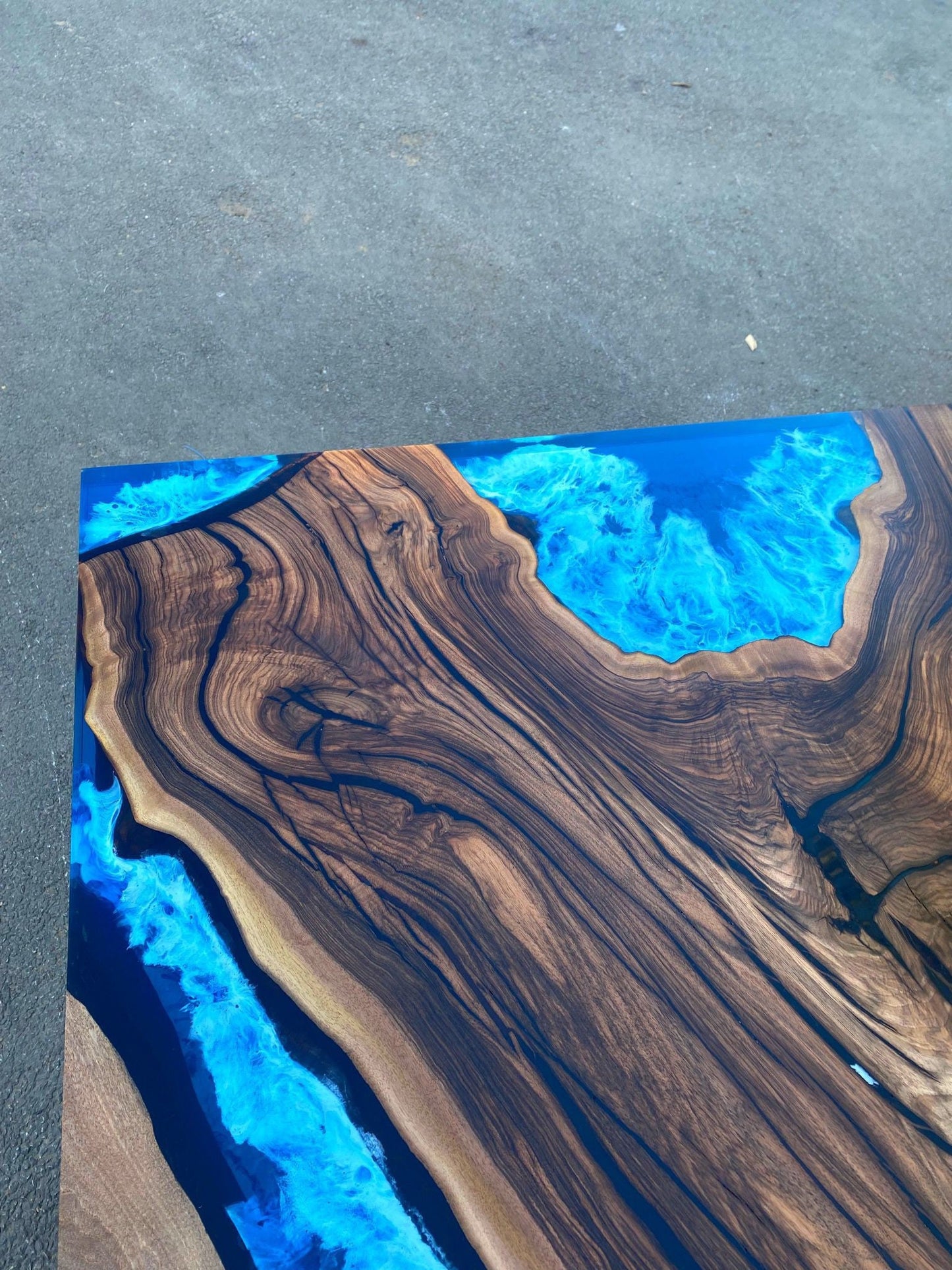 Live Edge Table, Epoxy Table, Custom 84” x 42” Walnut  Blue and White Swirls Ocean Table, Epoxy Dining Table, River Table, Order for Joseph