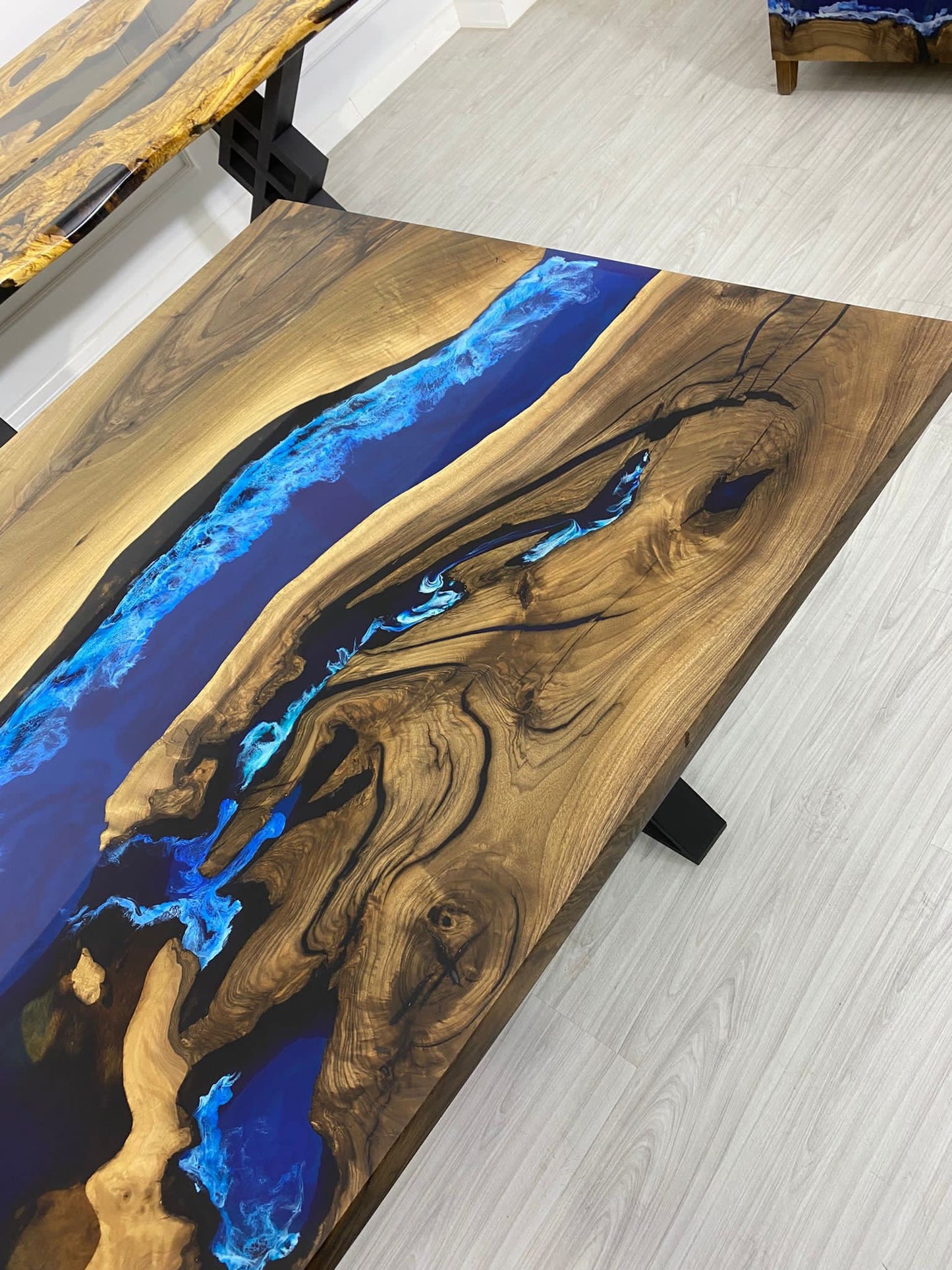 Epoxy Table, Custom 80” x 44” Walnut Blue and White Swirls Ocean Table, Epoxy Dining Table, Live Edge Table, Custom Order for Justin Z