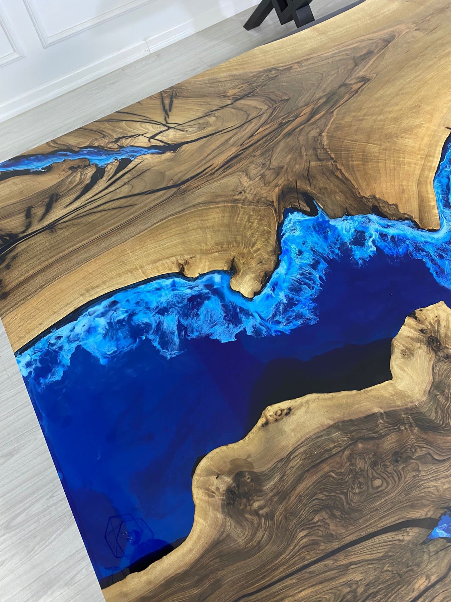 Epoxy Table, Custom 80” x 44” Walnut Blue and White Swirls Ocean Table, Epoxy Dining Table, Live Edge Table, Custom Order for Justin Z