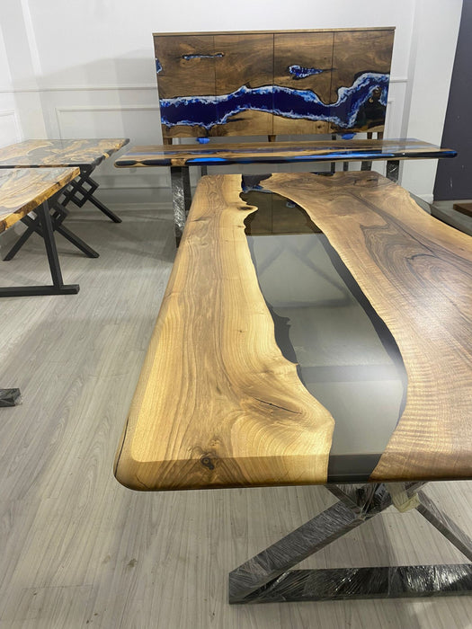 Epoxy Table, Epoxy Dining Table, Walnut Epoxy River Table, Custom 96” x 42” Walnut Smokey Gray Table, Epoxy River Table Order for Tiffany