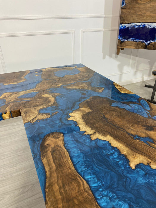 Custom 90” x 78” x 30”D Walnut Wood Epoxy Blue, Turquoise, Green River L shape Office Desk Table Order for Nicholas