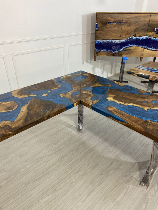 Custom 90” x 78” x 30”D Walnut Wood Epoxy Blue, Turquoise, Green River L shape Office Desk Table Order for Nicholas