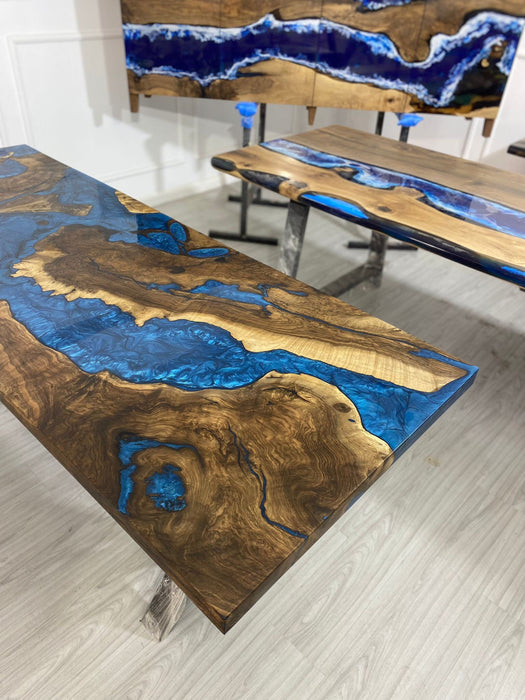 Custom 90” x 78” x 30”D Walnut Wood Epoxy Blue, Turquoise, Green River L shape Office Desk Table Order for Nicholas