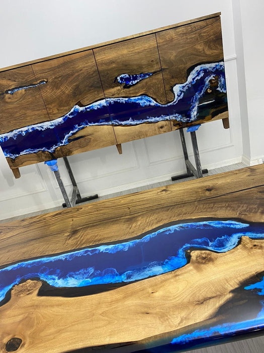 Made to Order Custom 72” x 16” x 36” Walnut Wood Credenza, Blue Epoxy Resin Credenza, Walnut Epoxy Credenza for Brandon A