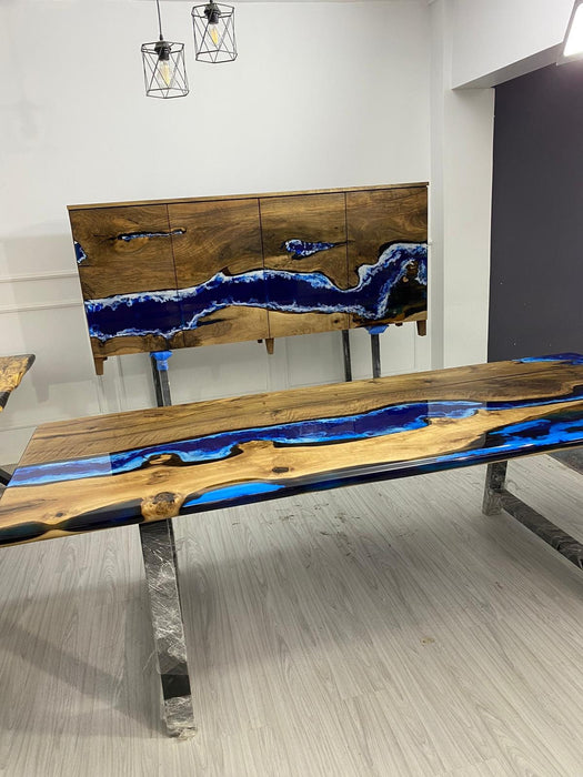 Made to Order Custom 72” x 16” x 36” Walnut Wood Credenza, Blue Epoxy Resin Credenza, Walnut Epoxy Credenza for Brandon A