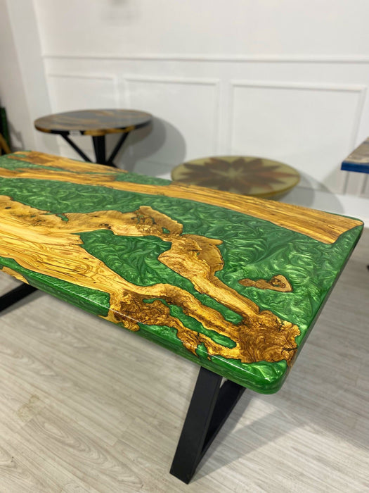 Epoxy Resin Table, Custom 80” x 36” Olive Emerald Green Table, Epoxy River Dining Table, Live Edge Table, Olive Wood Table, Order for Kerry