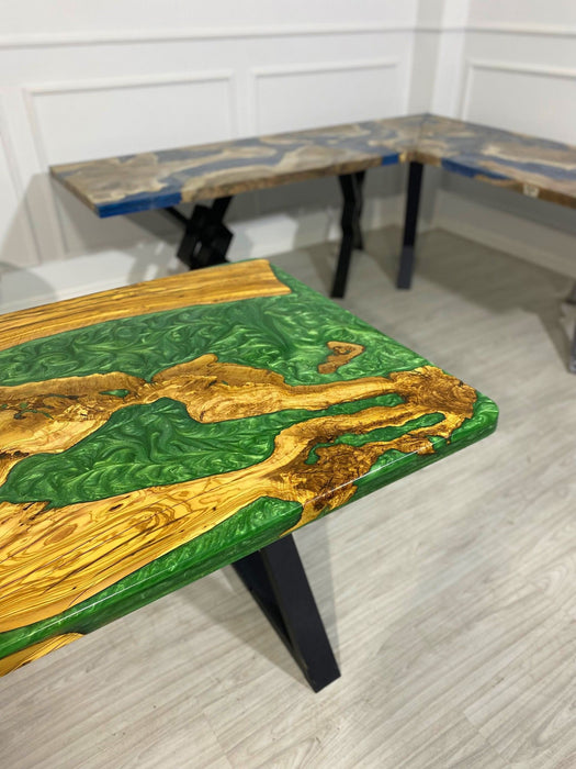 Epoxy Resin Table, Custom 80” x 36” Olive Emerald Green Table, Epoxy River Dining Table, Live Edge Table, Olive Wood Table, Order for Kerry