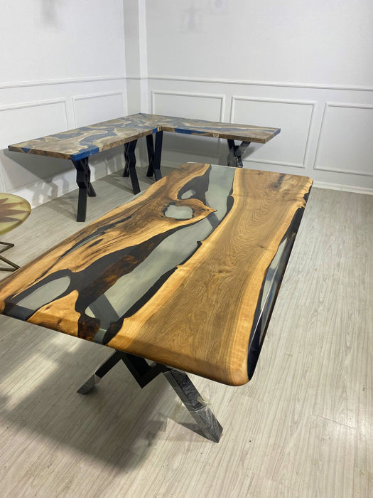 Custom 84” x 40” Walnut Wood Clear Color Epoxy River Table Order for Maria P