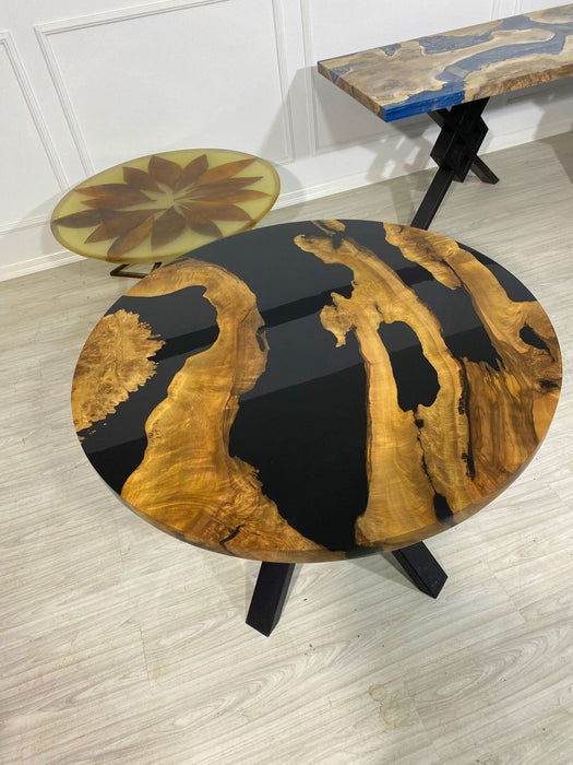 Epoxy Table, Epoxy Dining Table, Walnut Coffee Table, Epoxy River Table, Custom 40” Round Wood Black Table, Epoxy Table Order for Tinabear