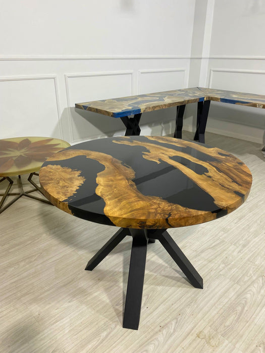 Epoxy Table, Epoxy Dining Table, Walnut Coffee Table, Epoxy River Table, Custom 40” Round Wood Black Table, Epoxy Table Order for Tinabear