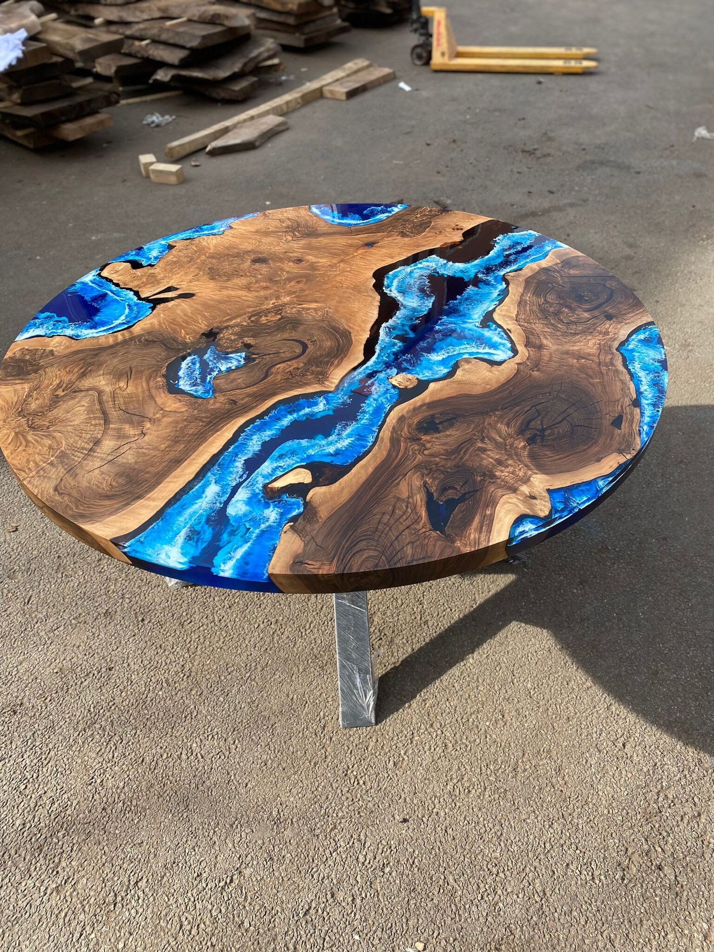 Round Dining Table, Custom 54” Diameter Round Walnut Wood Blue Table, Turquoise, White Waves Epoxy Dining Table, Custom Order for Katie