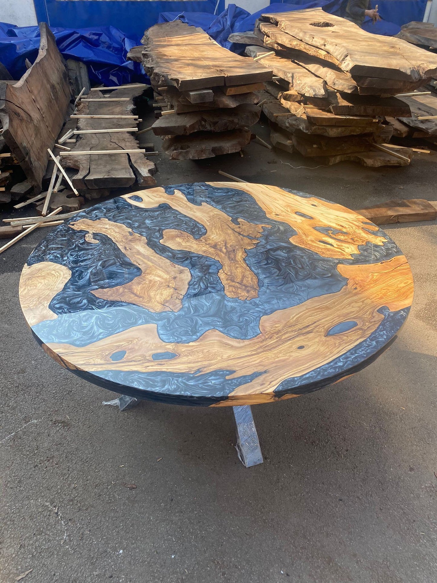 Olive Wood Epoxy Table, Custom 60” Diameter Round Olive Wood Table, Metallic Gray Epoxy Table, River Table, Custom Order for Leigh