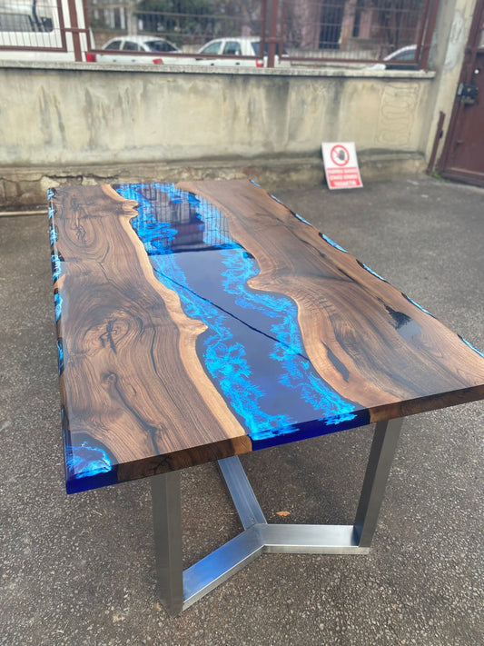 Handmade Epoxy Table, Custom 72” x 42” Walnut Deep Dark Blue and White Swirls Table, Epoxy Dining Table, Live Edge Table, Order for Marta