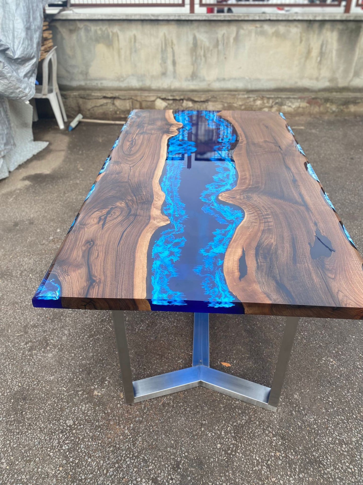 Handmade Epoxy Table, Custom 72” x 42” Walnut Deep Dark Blue and White Swirls Table, Epoxy Dining Table, Live Edge Table, Order for Marta