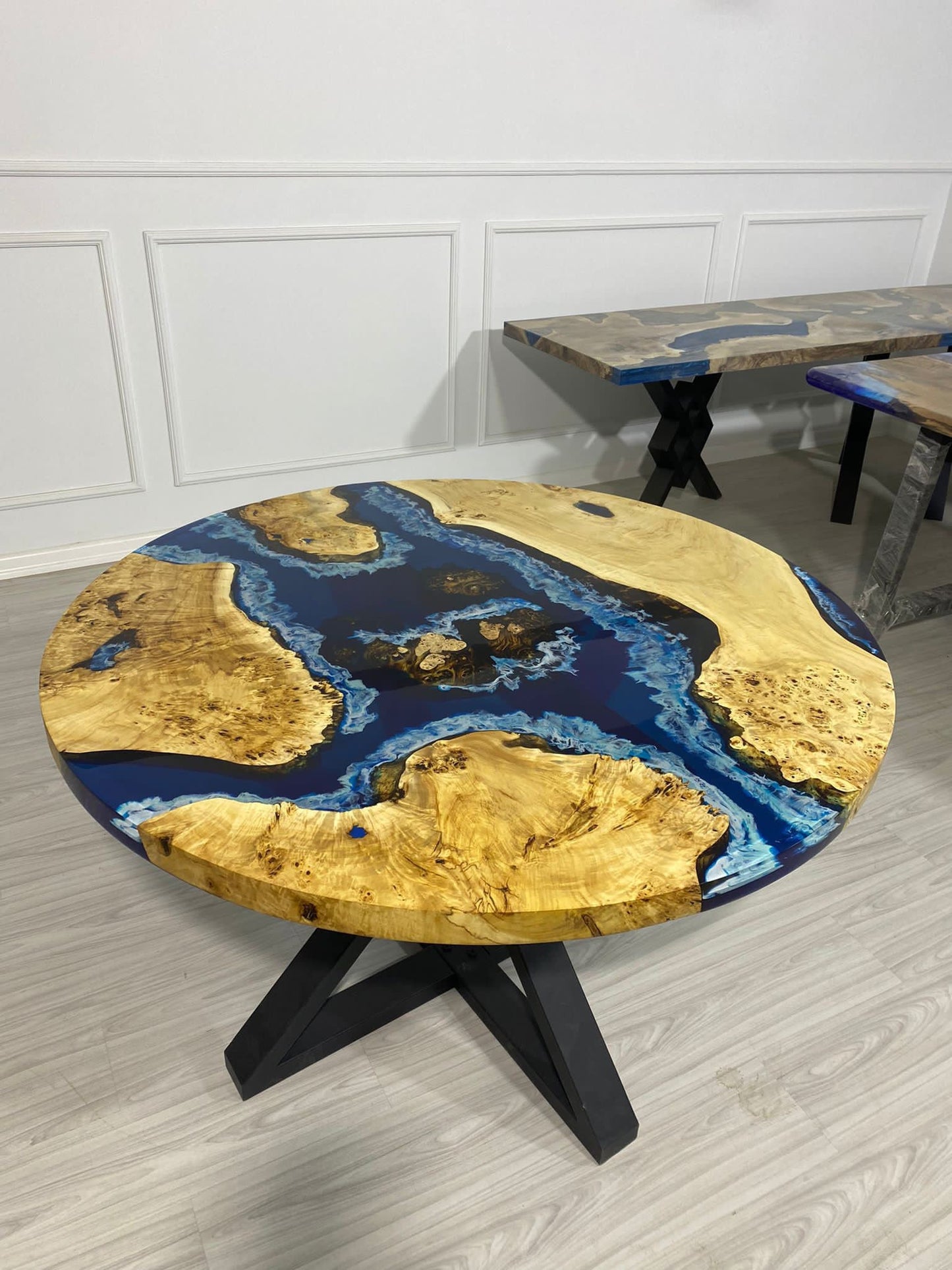 Ocean Table, Ocean Round Table, Custom 48" Round Poplar Ocean Deep Blue with Ocean Waves Table, Epoxy River Dining Table, Order for Marci