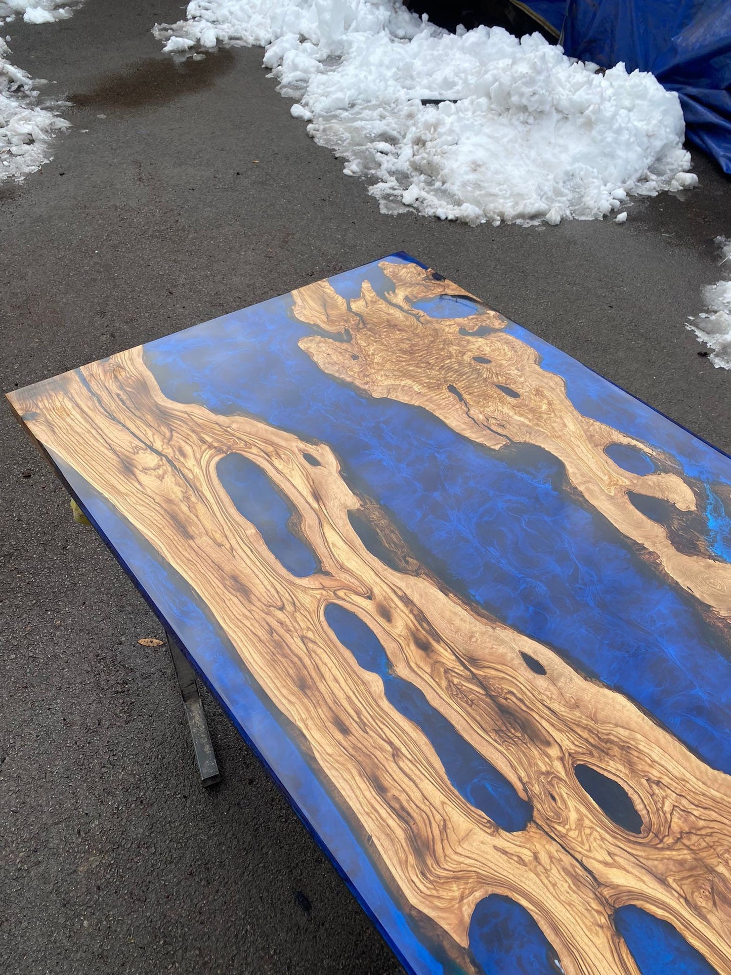 Handmade Epoxy Table, Custom 60” x 36” Olive Wood Blue, Turquoise Epoxy Table, Epoxy River Table, Live Edge Table, Custom Order for Selina A