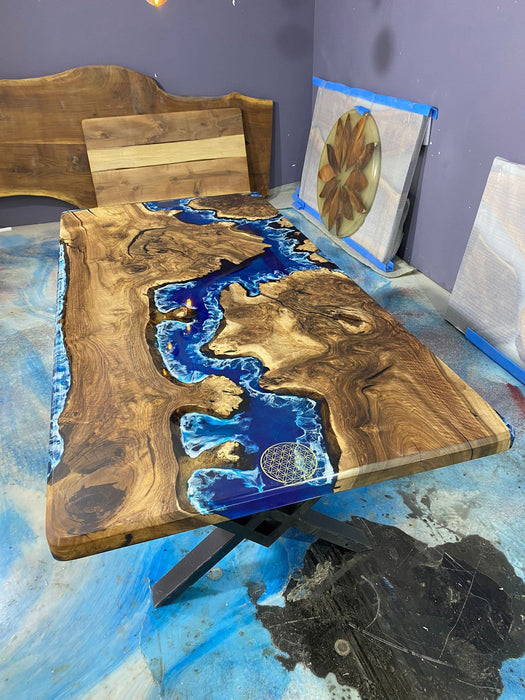 Handmade Epoxy Dining Table, Custom 86” x 42” Walnut Blue, Turquoise, Green Aquarium Epoxy Table, Epoxy Dining Table, Custom for Mari