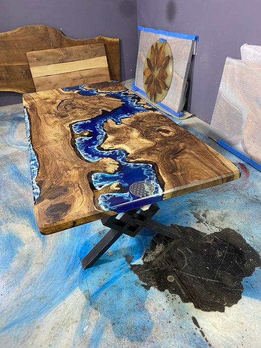 Handmade Epoxy Dining Table, Custom 86” x 42” Walnut Blue, Turquoise, Green Aquarium Epoxy Table, Epoxy Dining Table, Custom for Mari