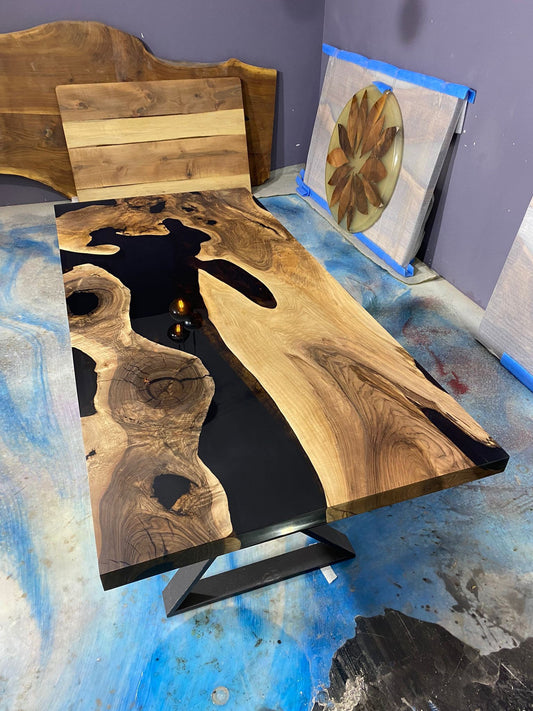 Epoxy Table, Epoxy Dining Table, Custom 72” x 33” Walnut Black Epoxy River Table Order