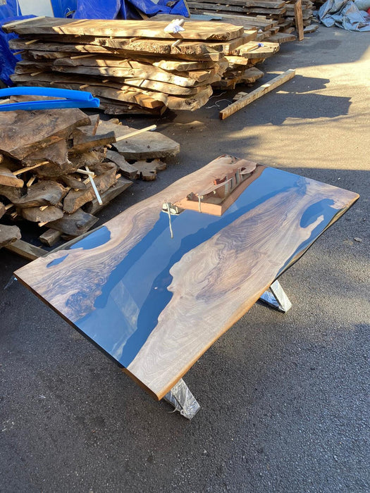 Epoxy Dining Table, Epoxy Resin Table, Custom 60” x 36” Walnut Smoke Gray Table, Epoxy River Table with Bench, Custom Order for Vickie