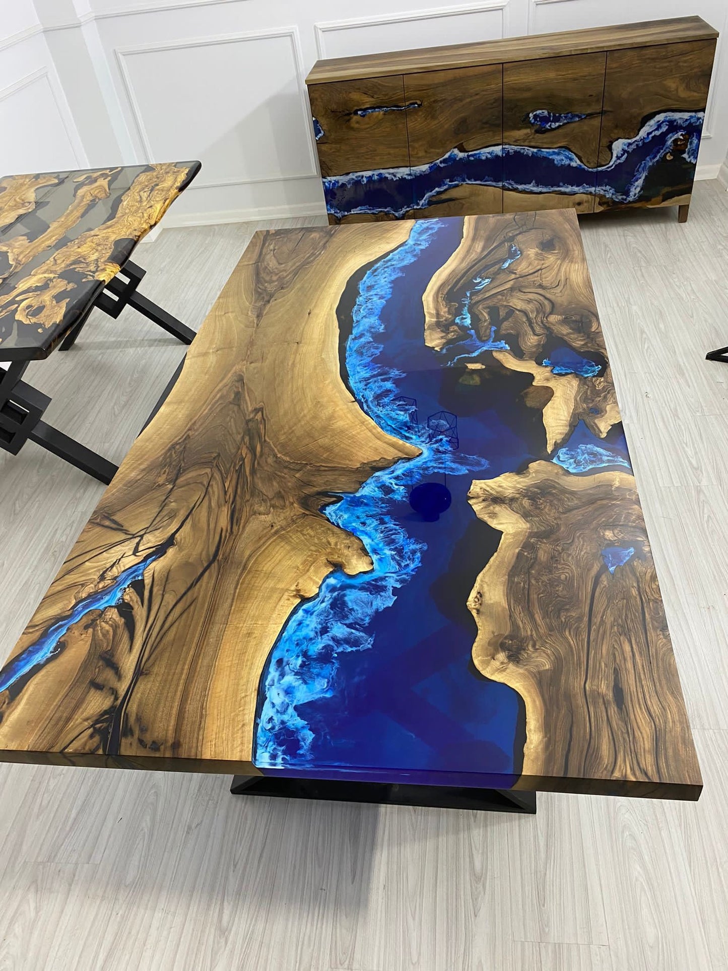 Epoxy Table, Custom 80” x 44” Walnut Blue and White Swirls Ocean Table, Epoxy Dining Table, Live Edge Table, Custom Order for Justin Z