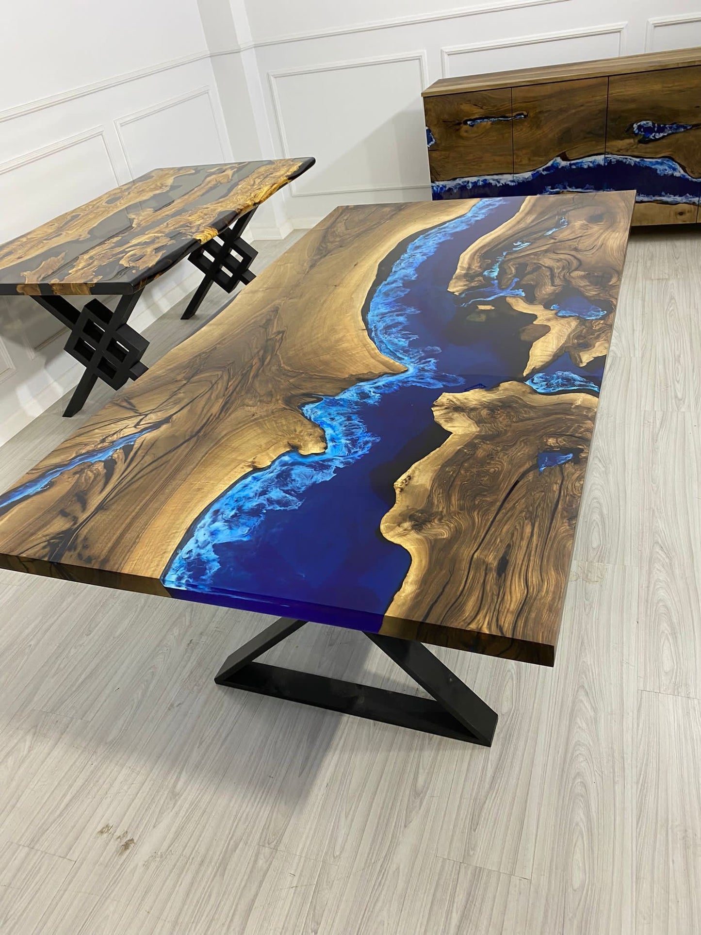 Epoxy Table, Custom 80” x 44” Walnut Blue and White Swirls Ocean Table, Epoxy Dining Table, Live Edge Table, Custom Order for Justin Z