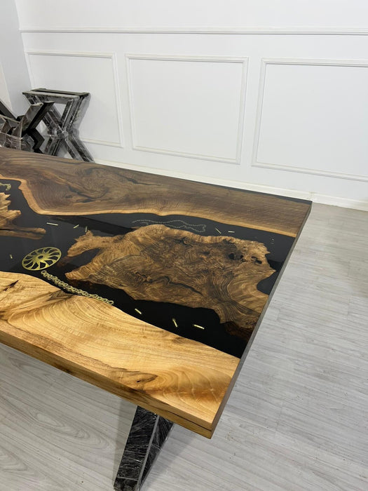 Walnut Dining Table, Walnut Epoxy Table, Custom 72" x 36" Black Epoxy Resin Table with Wheel Chains, Aquarium Custom Order for Kristyn Ander