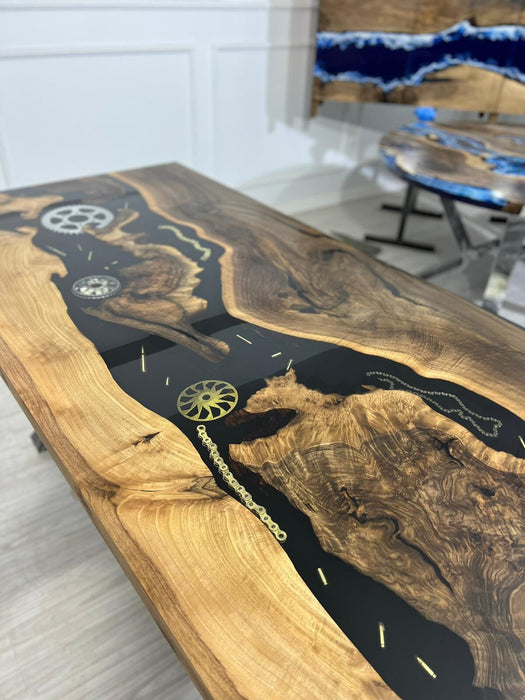 Walnut Dining Table, Walnut Epoxy Table, Custom 72" x 36" Black Epoxy Resin Table with Wheel Chains, Aquarium Custom Order for Kristyn Ander