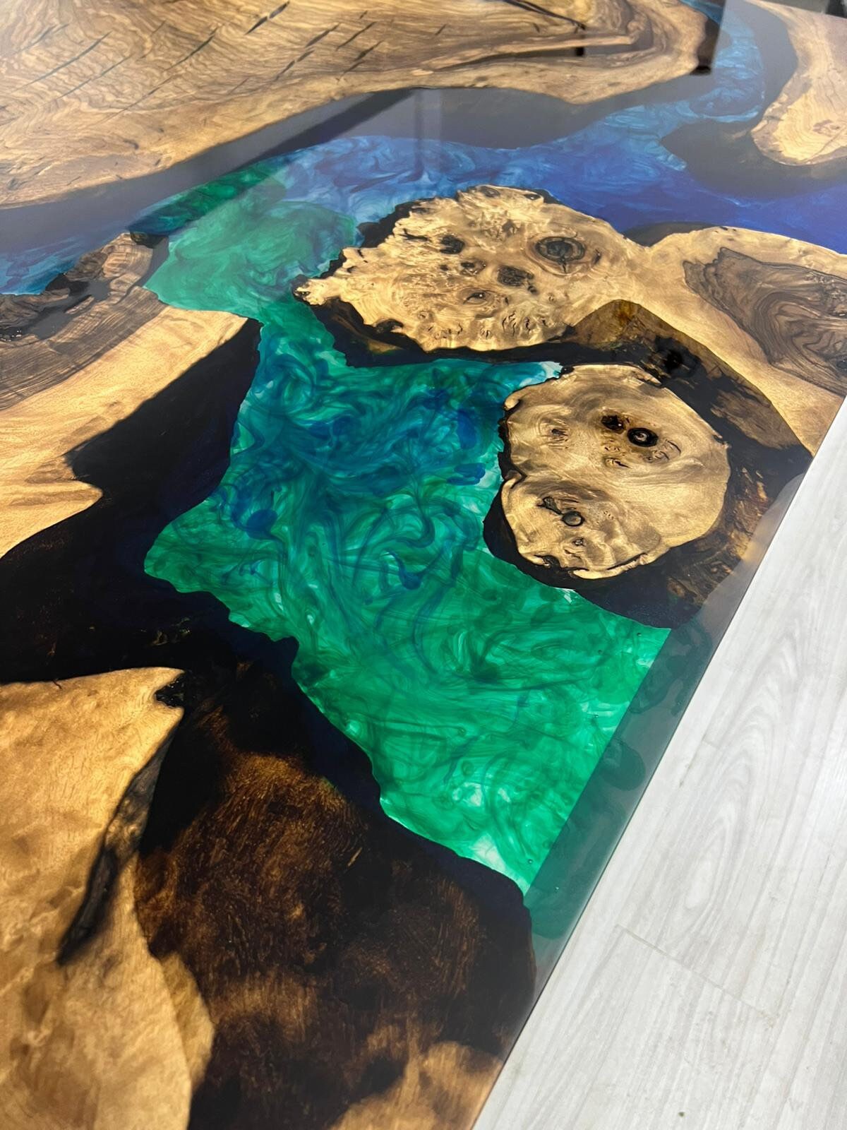 Live Edge Table, Custom 84” x 40” Walnut Blue, Turquoise, Green Epoxy Table, Epoxy Dining Table, River Table, Custom Order for Revant