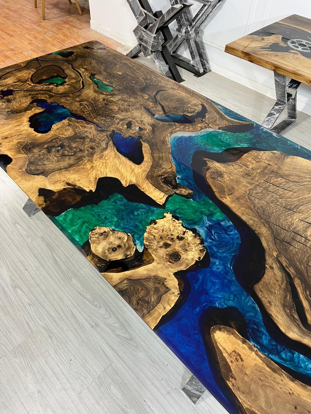 Live Edge Table, Custom 84” x 40” Walnut Blue, Turquoise, Green Epoxy Table, Epoxy Dining Table, River Table, Custom Order for Revant