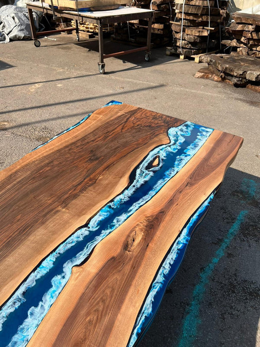 READY TO SHIP Custom 84” x 38” Walnut Dark Blue, Turquoise and White Swirls Ocean Epoxy Dining Table