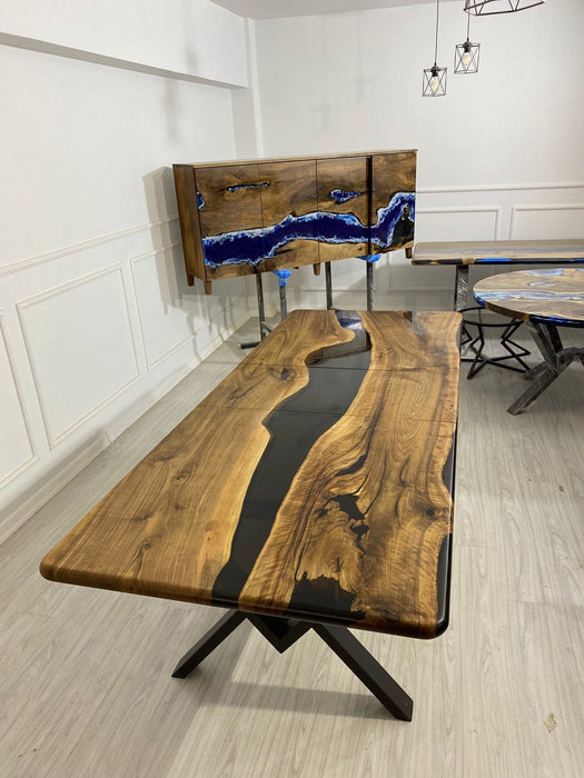 Walnut Dining Table, Custom 80”-98" x 40” Walnut Black Extendable Shape Table, Epoxy River Table, Custom Order for Tim