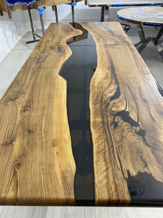 Walnut Dining Table, Custom 80”-98" x 40” Walnut Black Extendable Shape Table, Epoxy River Table, Custom Order for Tim