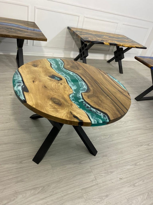 Round Dining Table, Epoxy Coffee Table, Custom 46” Diameter Round Table, Walnut Wood Turquoise Green Table White Epoxy Table Order for Amy L