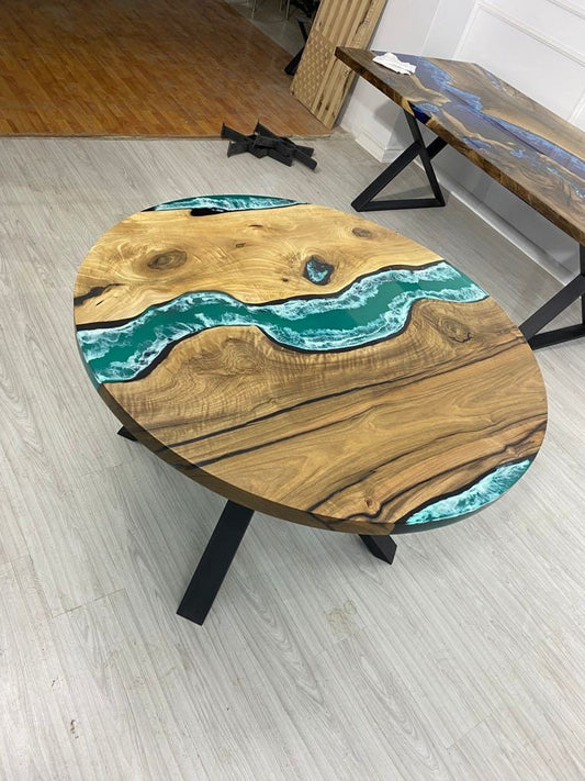 Round Dining Table, Epoxy Coffee Table, Custom 46” Diameter Round Table, Walnut Wood Turquoise Green Table White Epoxy Table Order for Amy L