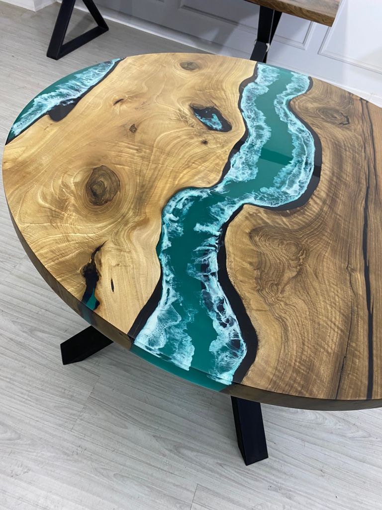 Round Dining Table, Epoxy Coffee Table, Custom 46” Diameter Round Table, Walnut Wood Turquoise Green Table White Epoxy Table Order for Amy L