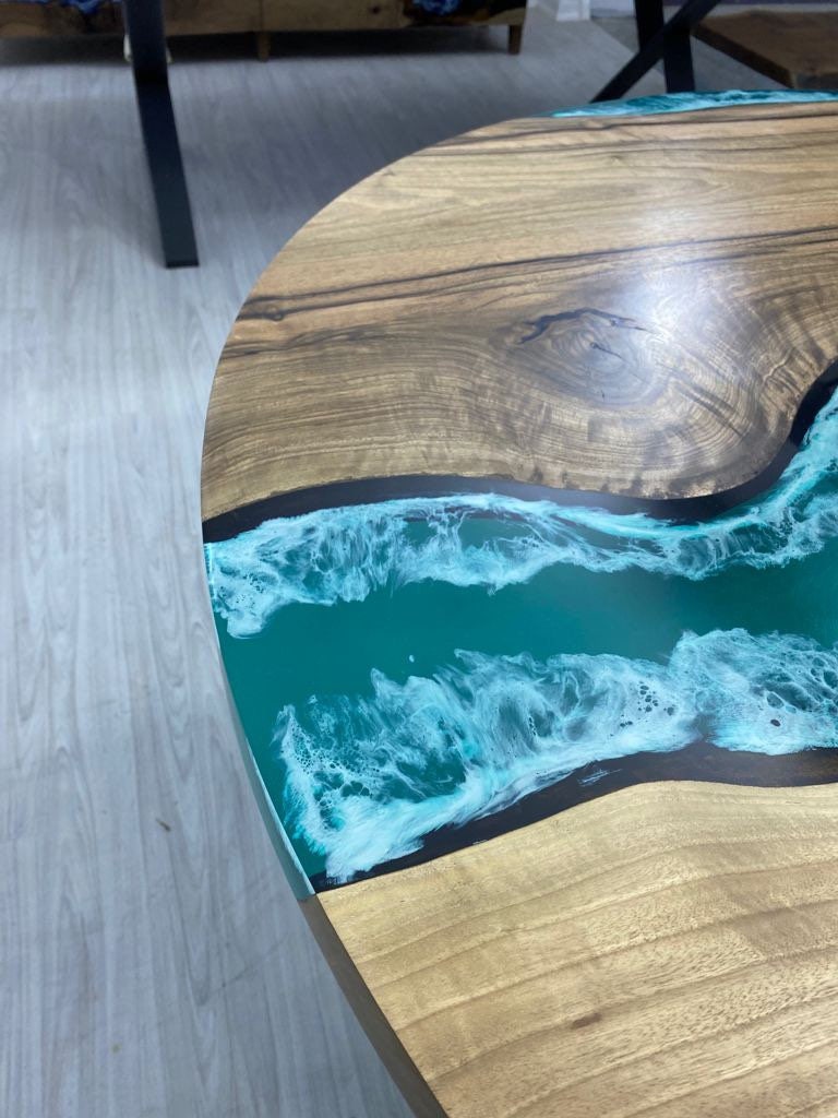 Round Dining Table, Epoxy Coffee Table, Custom 46” Diameter Round Table, Walnut Wood Turquoise Green Table White Epoxy Table Order for Amy L