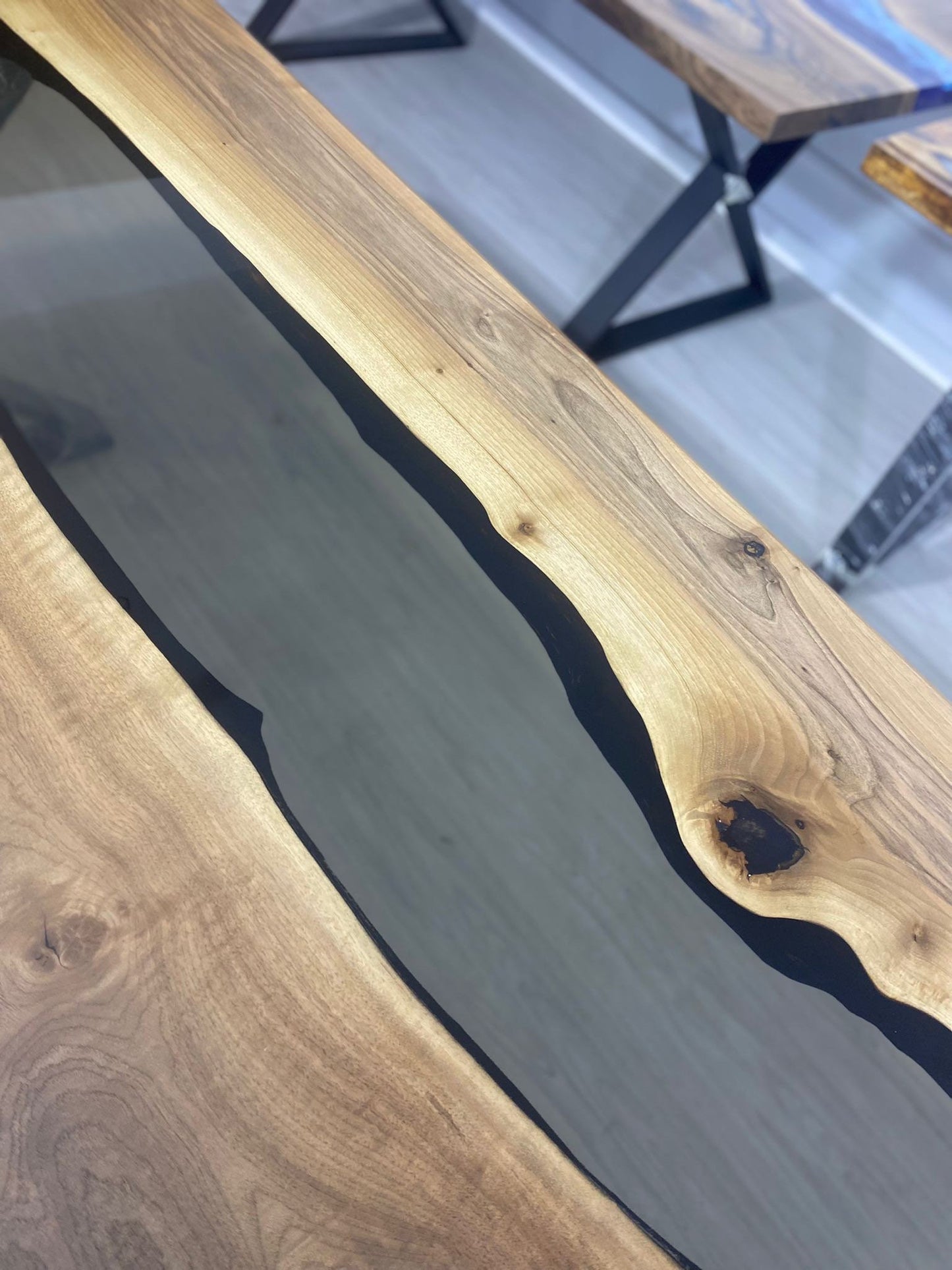 Epoxy Table, Epoxy Dining Table, Walnut Epoxy River Table, Custom 96” x 42” Walnut Smokey Gray Table, Epoxy River Table Order for Tiffany