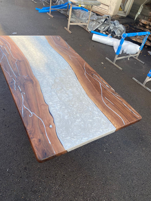 READY TO SHIP Custom 77” x 42” Walnut Metallic Dark Pearl White Epoxy River Table Order