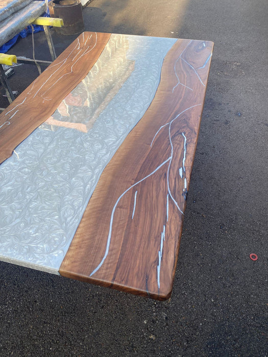 READY TO SHIP Custom 77” x 42” Walnut Metallic Dark Pearl White Epoxy River Table Order