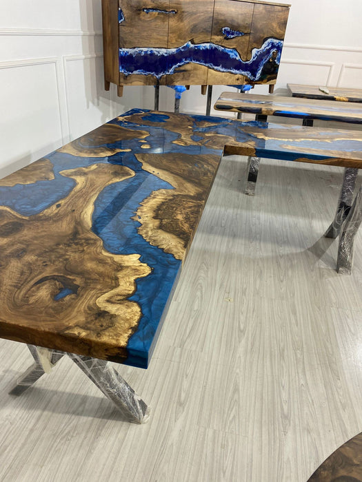 Custom 90” x 78” x 30”D Walnut Wood Epoxy Blue, Turquoise, Green River L shape Office Desk Table Order for Nicholas