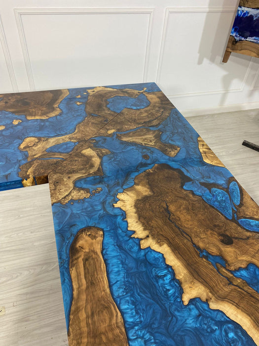 Custom 90” x 78” x 30”D Walnut Wood Epoxy Blue, Turquoise, Green River L shape Office Desk Table Order for Nicholas