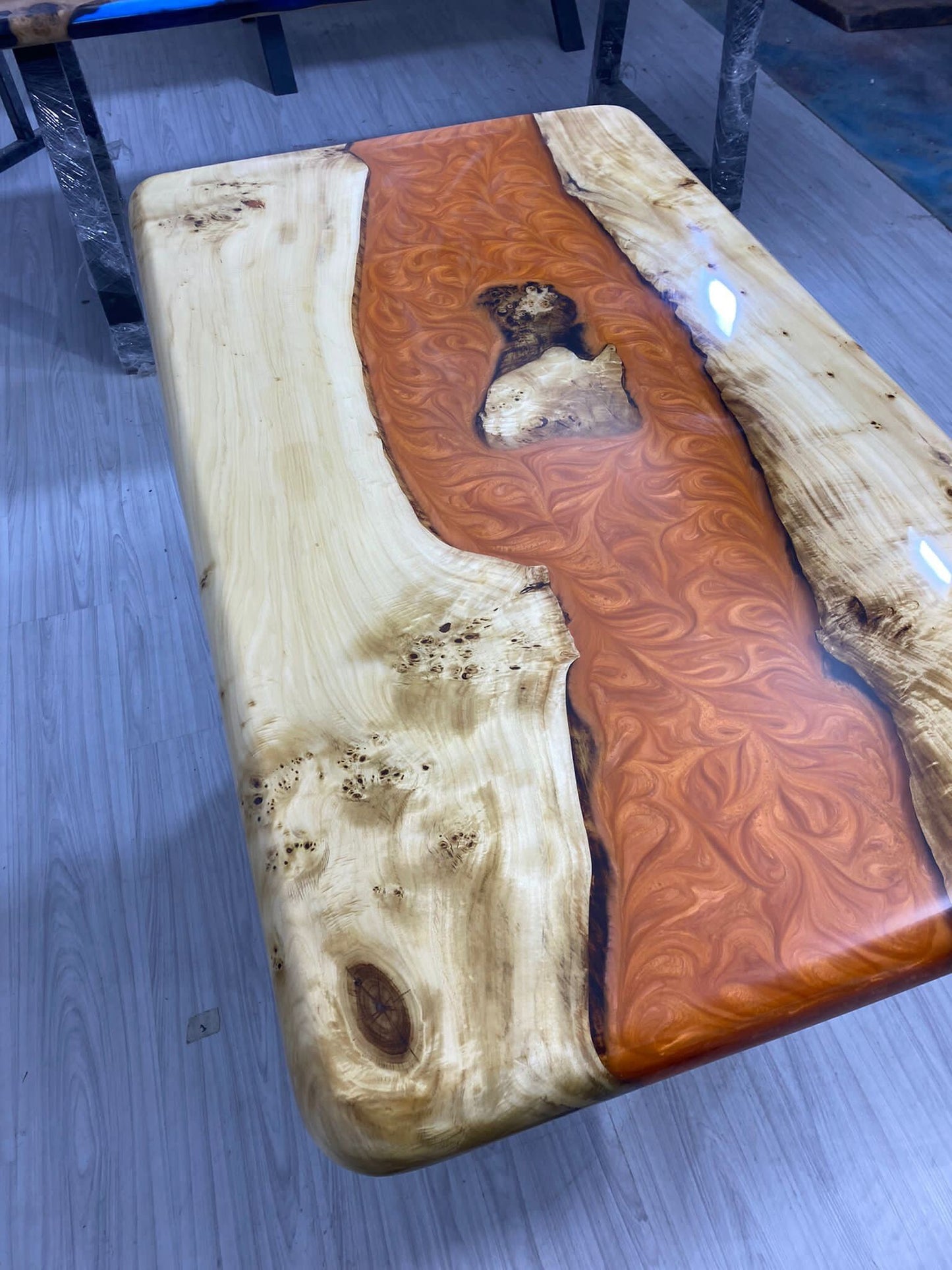 Custom River Epoxy Table, Custom 55” x 32” Poplar Epoxy Table, Lava Orange Epoxy Table Order for Carl